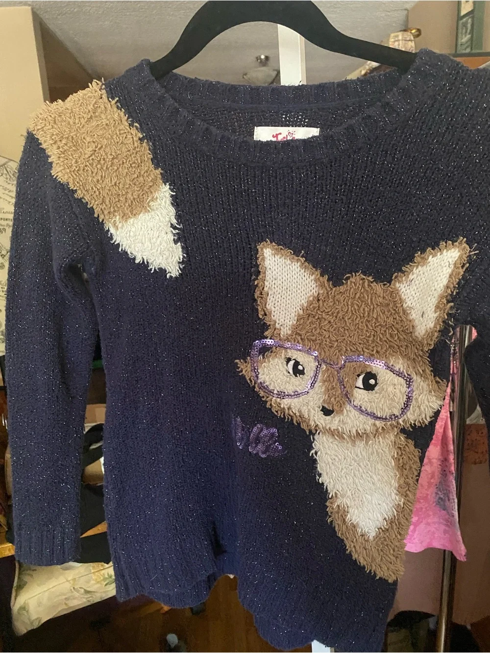 Justice Navy Fox Intarsia Sweater with Tan & White Details